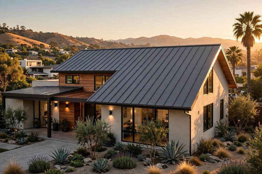 Standing seam metal roof on a modern California house at golden hour