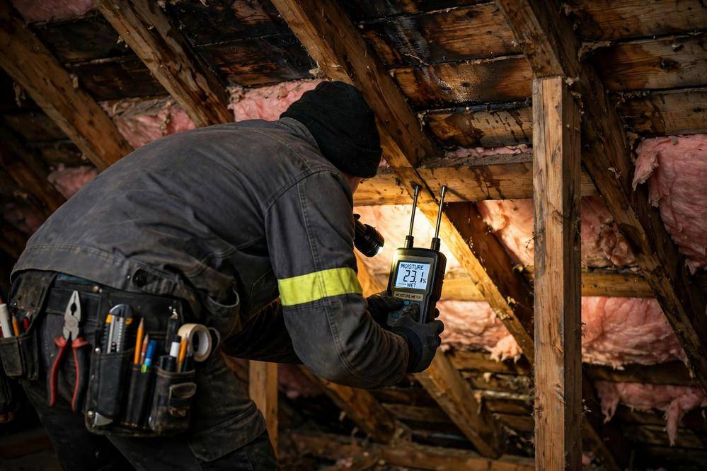 Roofer inspecting an attic for a roof leak with a flashlight and moisture meter