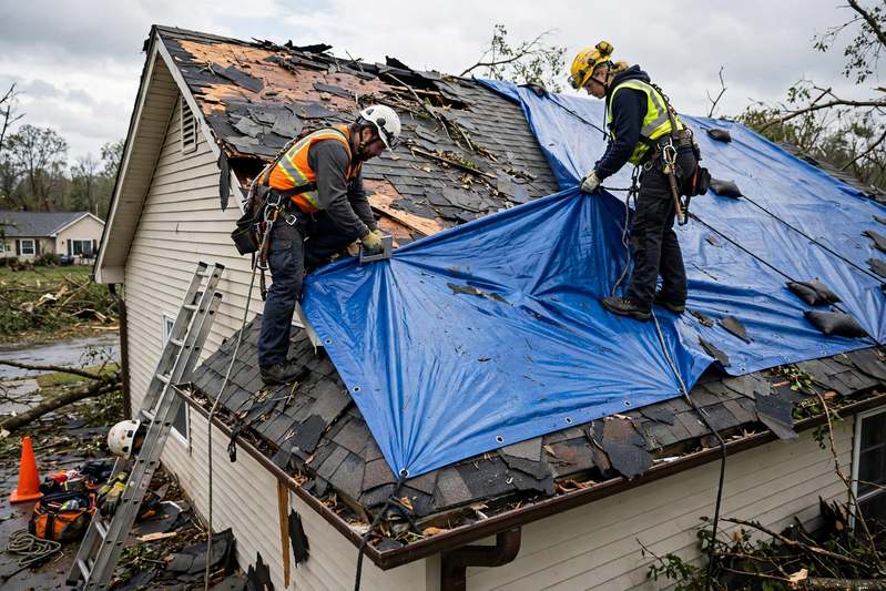 Roofers securing an emergency tarp over a storm-damaged roof section