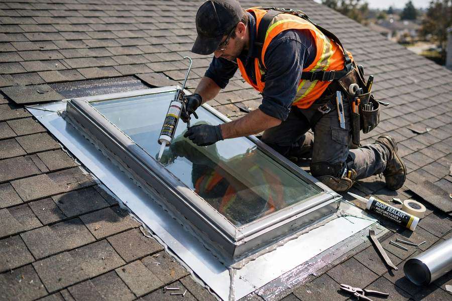 Roofer repairing flashing around a skylight on a shingle roof