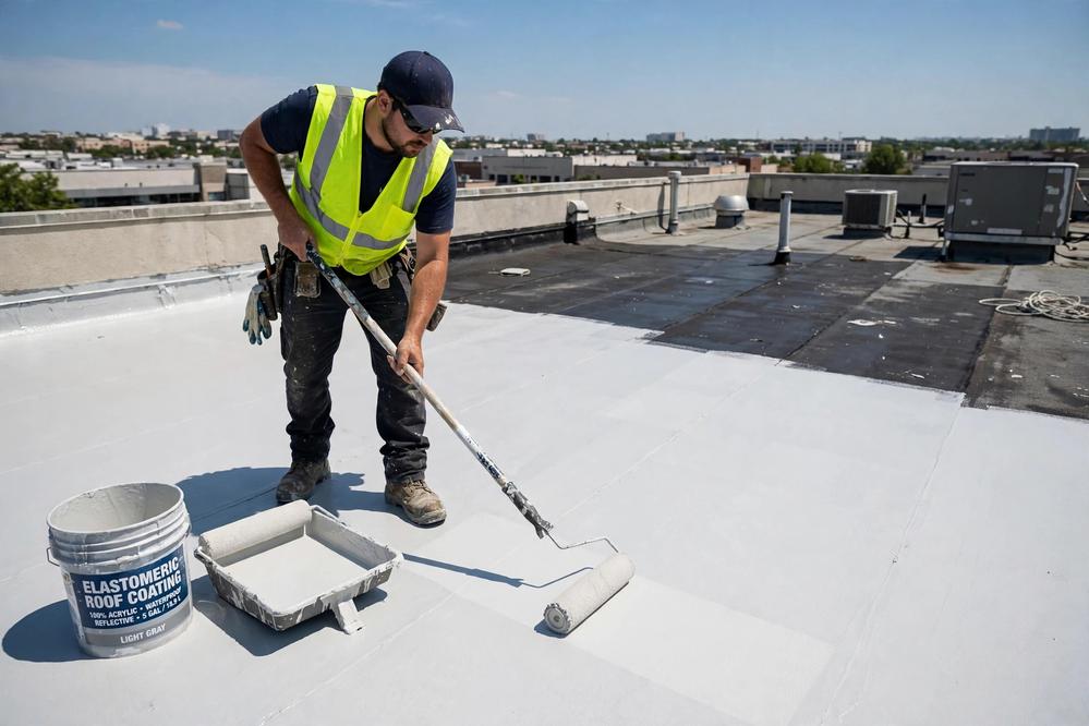 Worker applying light-colored elastomeric coating on a flat roof