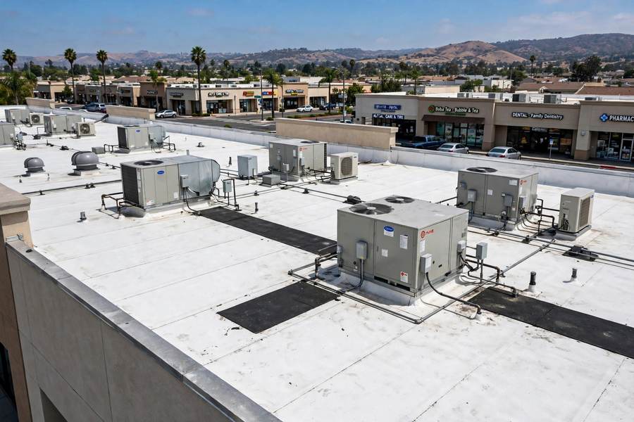 Low-slope commercial building roof with HVAC units and membrane roofing