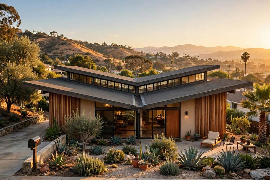 Mid-century modern house with a low-slope butterfly roof and clerestory windows
