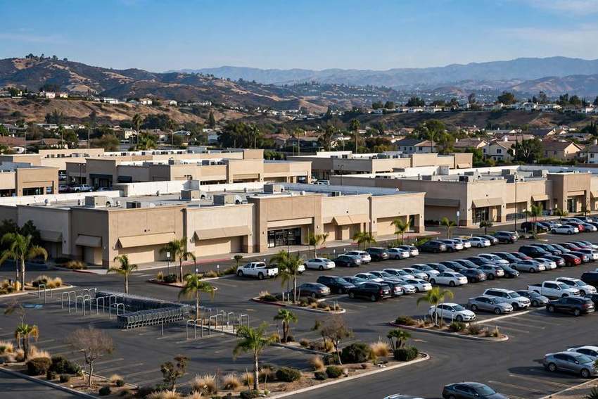 Suburban shopping center with flat commercial roofs in the San Fernando Valley