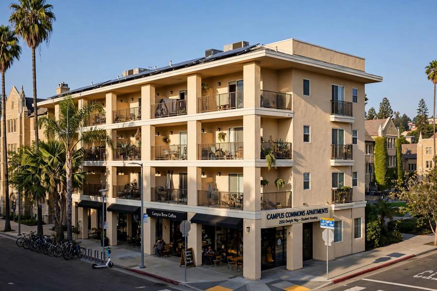 Multi-story apartment building with a flat roof near a university area