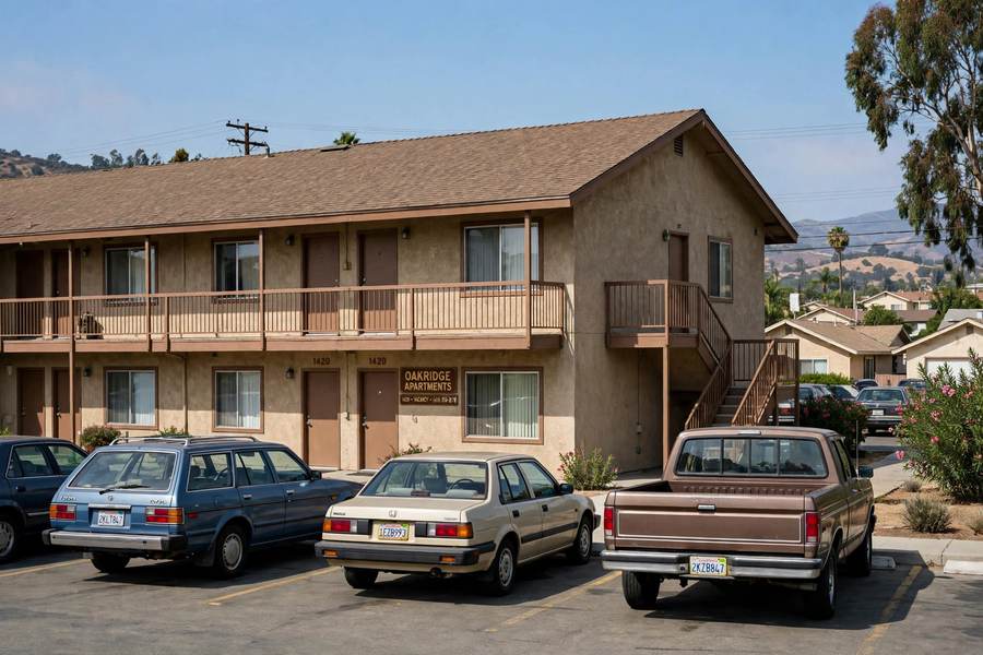 1980s multi-family apartment building with a pitched shingle roof
