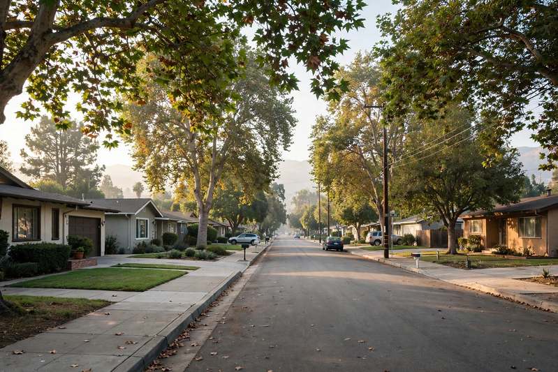 Quiet residential avenue with ranch houses and mature street trees