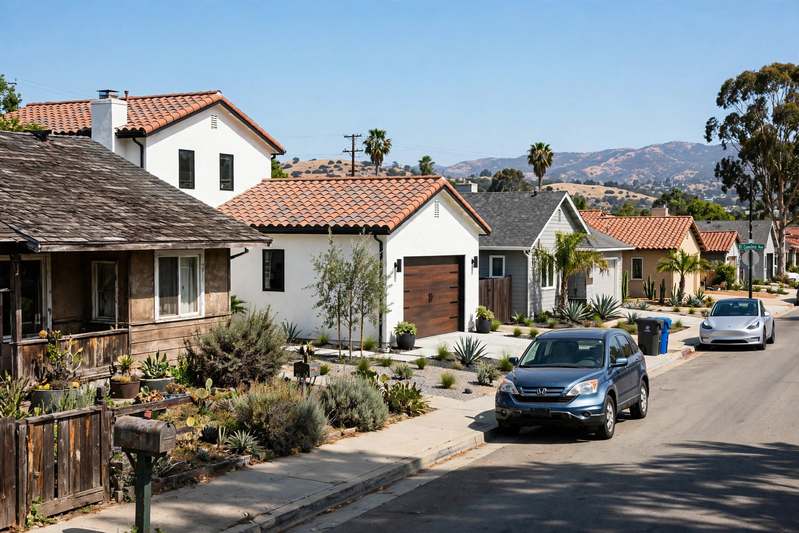 California ranch house street with varied shingle and tile roofs, older and newly rebuilt homes
