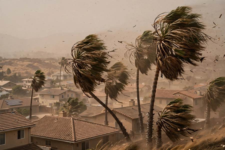 Palm trees bending in strong Santa Ana winds over California house roofs