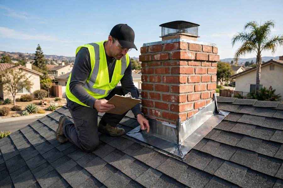 Roofing inspector examining flashing near a chimney on a shingle roof