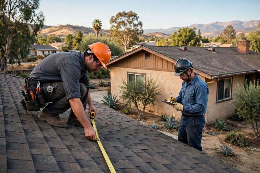 Roofer measuring a roof slope while checking roof condition