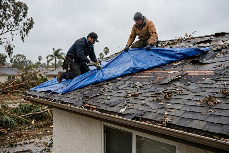 Roofers securing an emergency tarp over a wind-damaged shingle roof