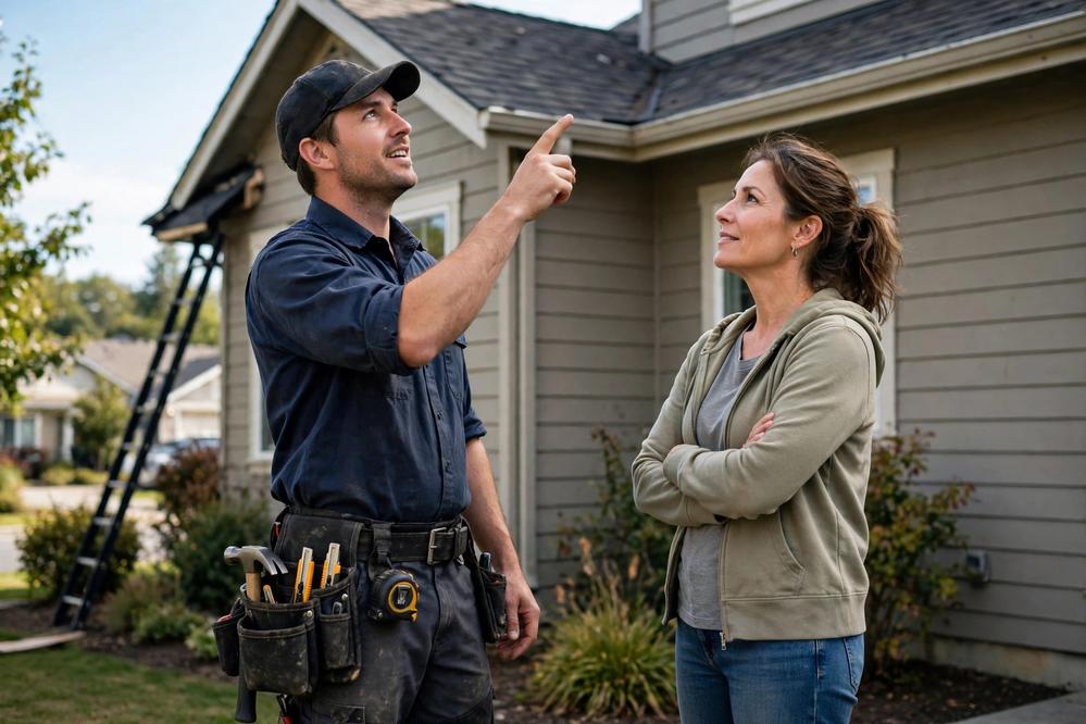 Roofer talking with a homeowner beside a house and pointing up at the roof