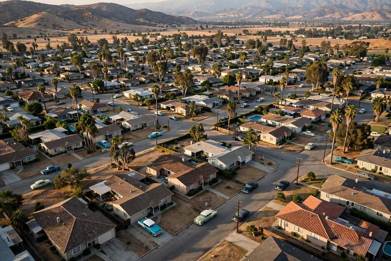 Aerial view of Northridge ranch homes with shingle and tile roofs in late afternoon light